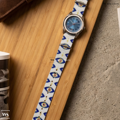 Blue/White/Yellow Graphic Print Nylon Watch Strap on Formex x Worn & Wound Essence Sector 39 Chronometer