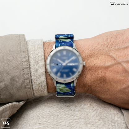 Blue/Brown Graphic Print Nylon Watch Strap on Waterbury Classic 40mm