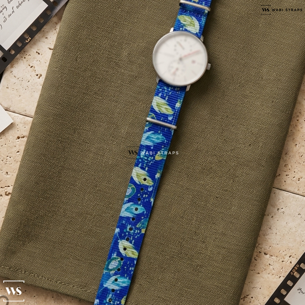 Blue/Brown Graphic Print Nylon Watch Strap on Junghans Max Bill Regulator Bauhaus