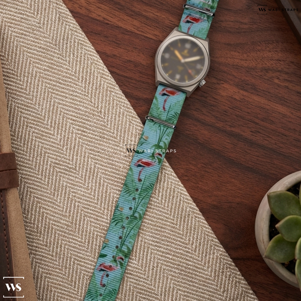Blue/Green/Pink Graphic Print Nylon Watch Strap on BOLDR Supply Co Venture Windup Edition #2