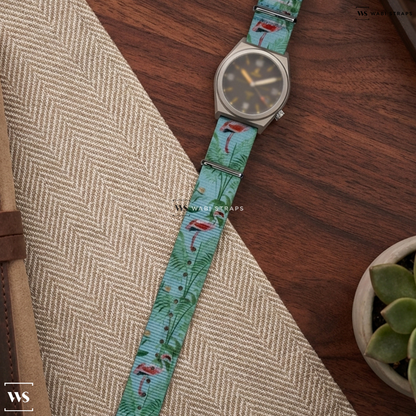 Blue/Green/Pink Graphic Print Nylon Watch Strap on BOLDR Supply Co Venture Windup Edition #2