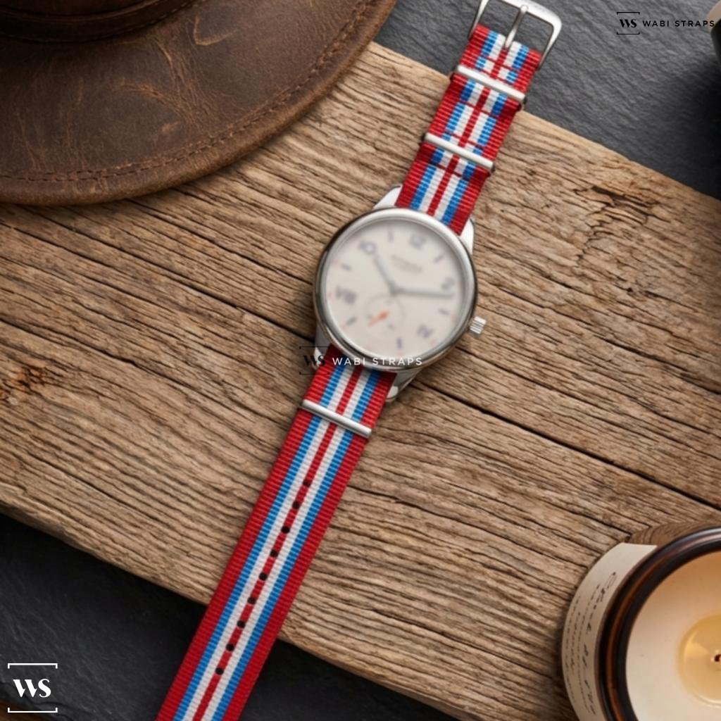 Blue/Red/White 7 Stripes Nylon Watch Strap on Nomos Glashutte Club Neomatik Siren White