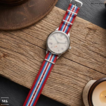 Blue/Red/White 7 Stripes Nylon Watch Strap on Nomos Glashutte Club Neomatik Siren White