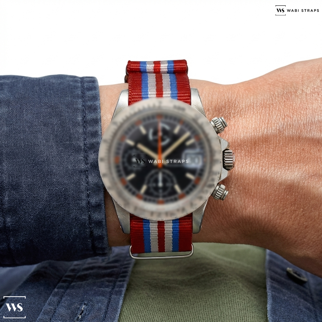 Blue/Red/White 7 Stripes Nylon Watch Strap on Tudor Big Block "Monte Carlo" Ref. 94300