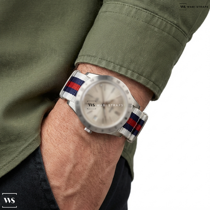 Blue/Red/White 5 Stripes Nylon Watch Strap on Lorca Model No.1 GMT