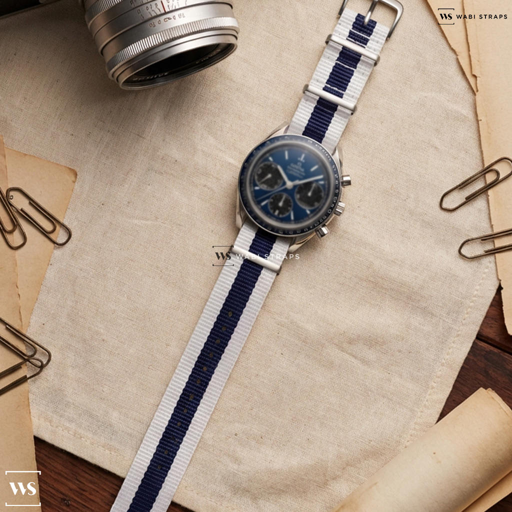 Blue/White 3 Stripes Nylon Watch Strap on Omega Speedmaster Co-Axial 40mm 326.30