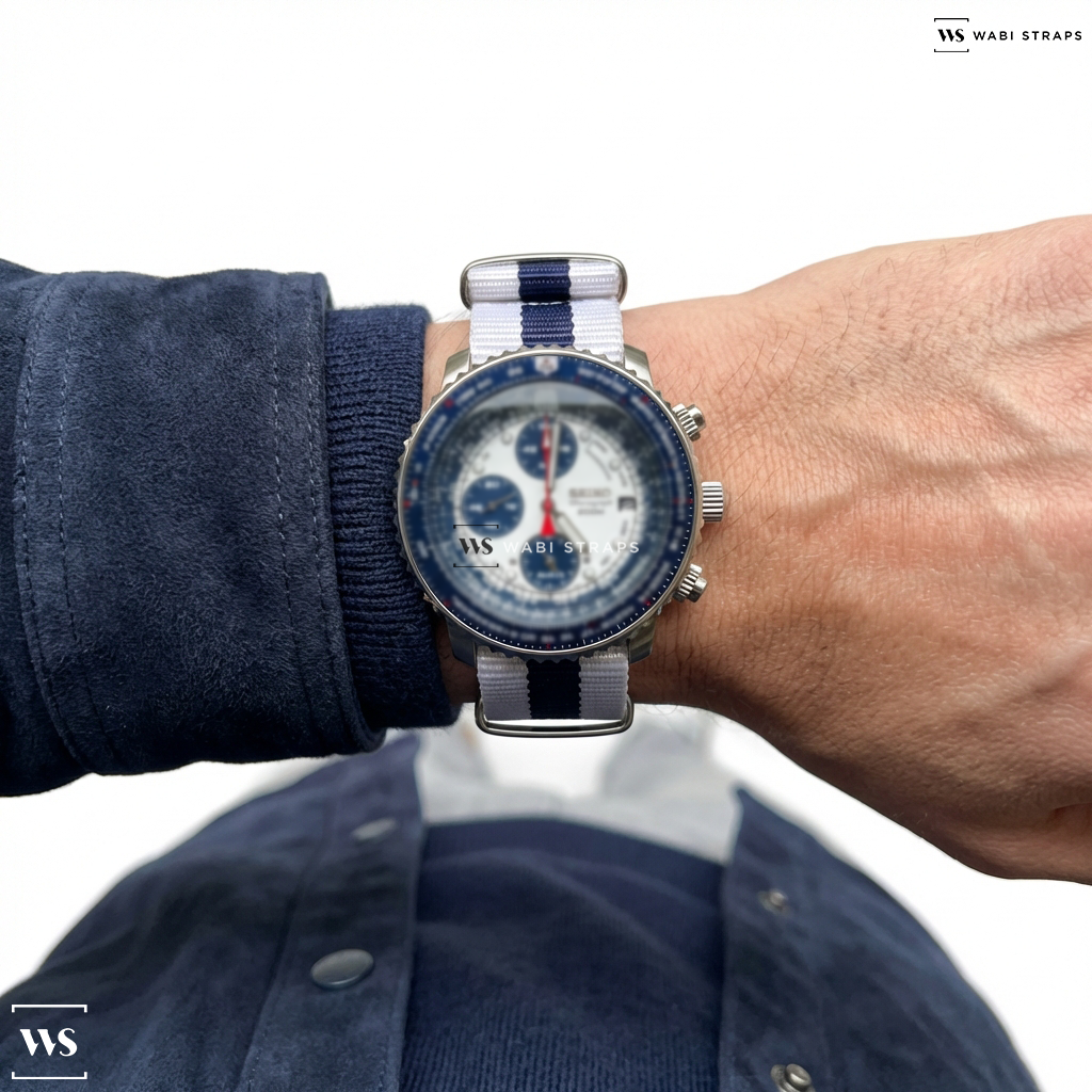 Blue/White 3 Stripes Nylon Watch Strap on Seiko SNA413 Flightmaster Chronograph Blue Panda