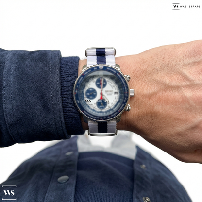 Blue/White 3 Stripes Nylon Watch Strap on Seiko SNA413 Flightmaster Chronograph Blue Panda