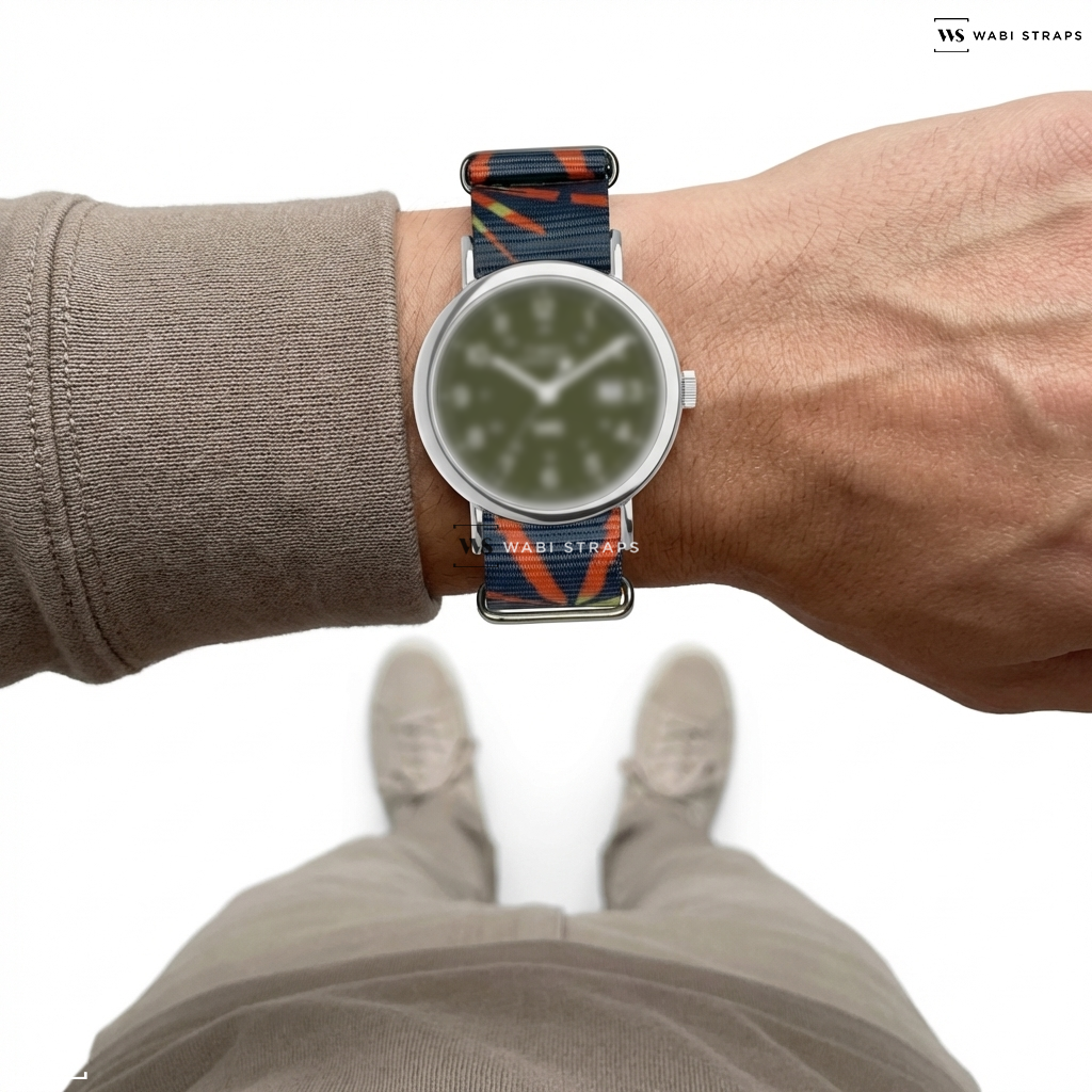 Green/Grey/Orange/Yellow Graphic Print Nylon Watch Strap on Timex Weekender 40mm