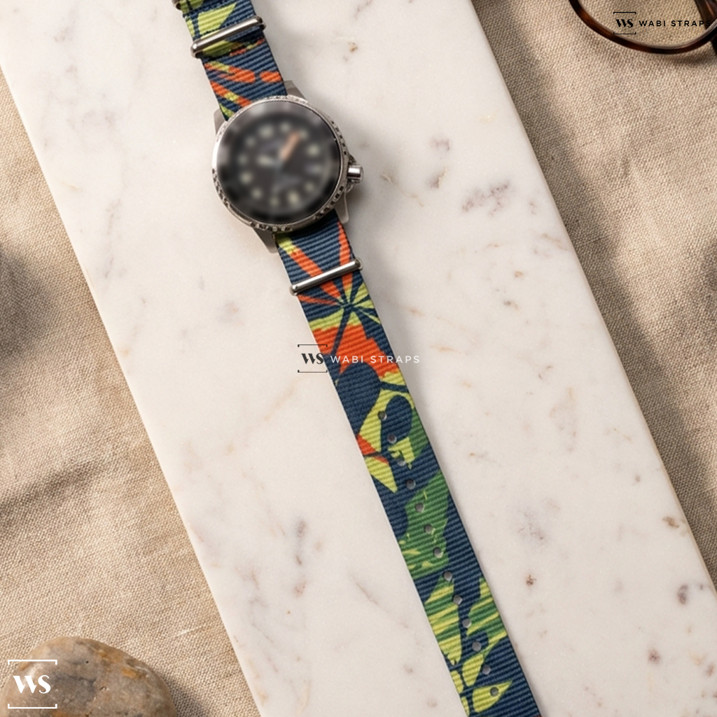Green/Grey/Orange/Yellow Graphic Print Nylon Watch Strap on Citizen Promaster Dive Eco-Drive 37mm