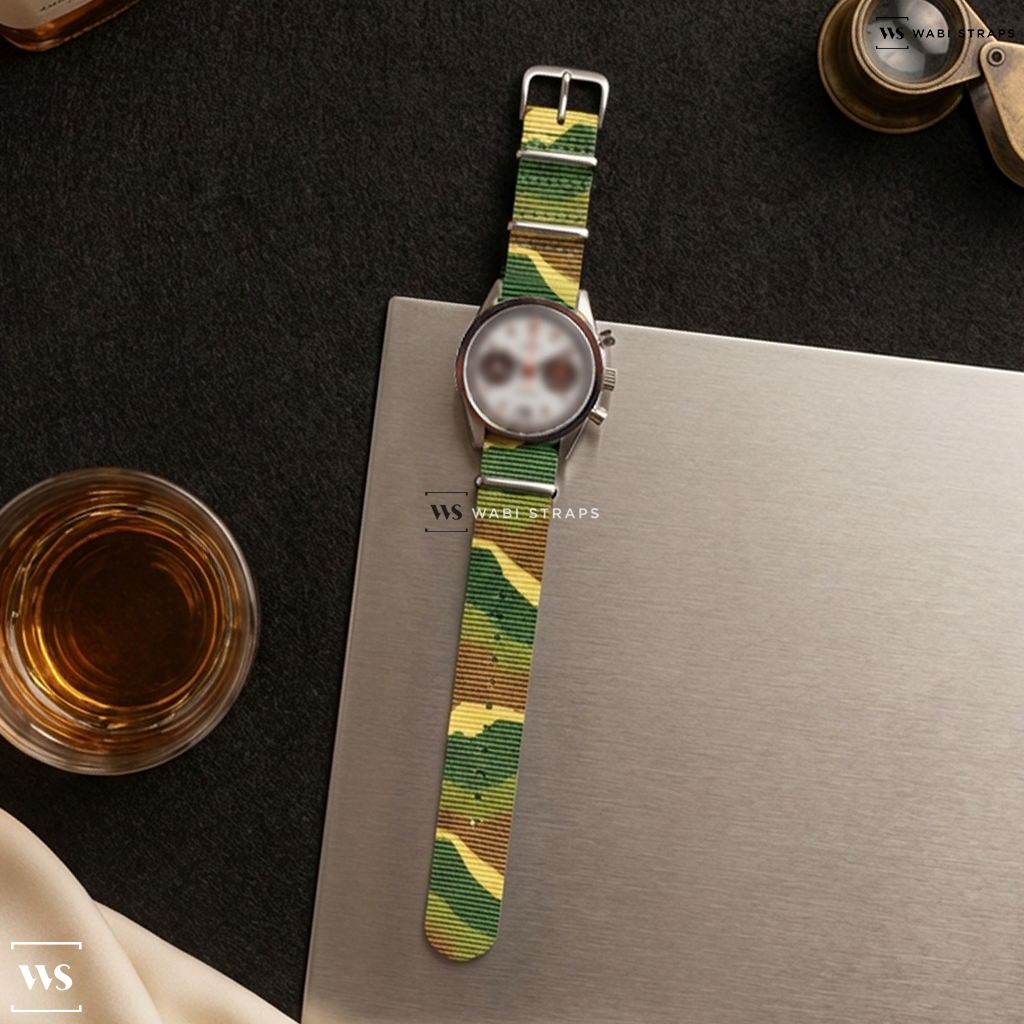 Beige/Brown/Green Tactical Camouflage Nylon Watch Strap on Lanco Chronograph Panda Valjoux 7734