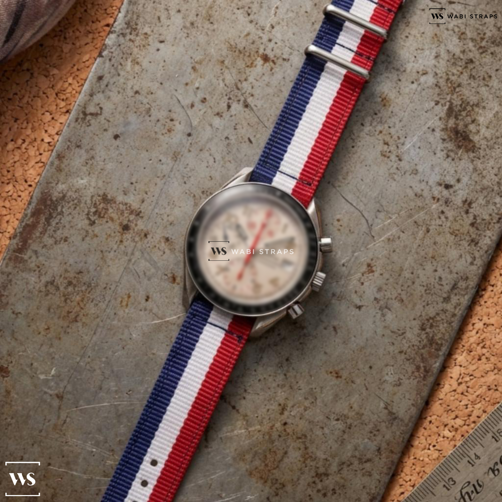 Blue/Red/White 5 Stripes Nylon Watch Strap on Omega Speedmaster Date Mark 40 3513.33