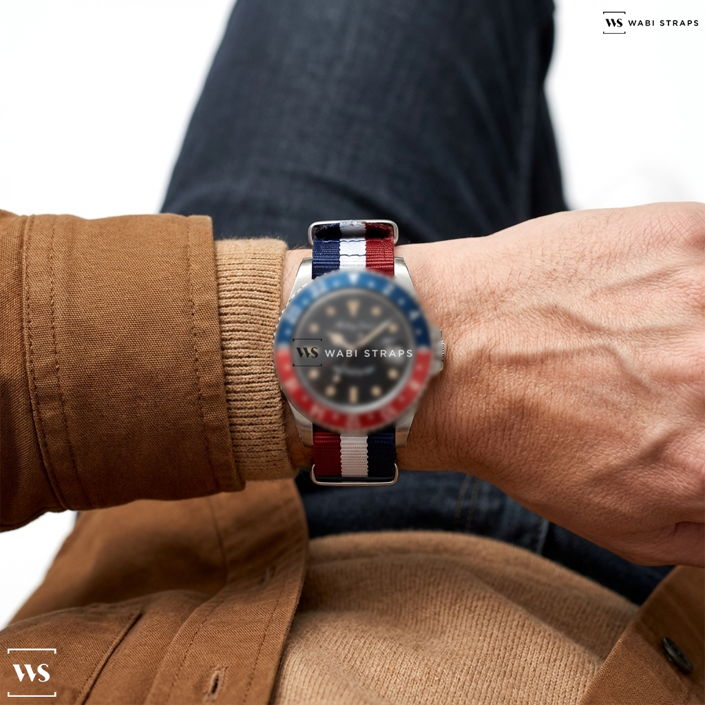 Blue/Red/White 5 Stripes Nylon Watch Strap on Mathey-Tissot Mathey Vintage Automatic Blue and Red Pepsi