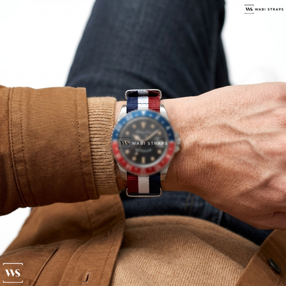 Blue/Red/White 5 Stripes Nylon Watch Strap on Mathey-Tissot Mathey Vintage Automatic Blue and Red Pepsi