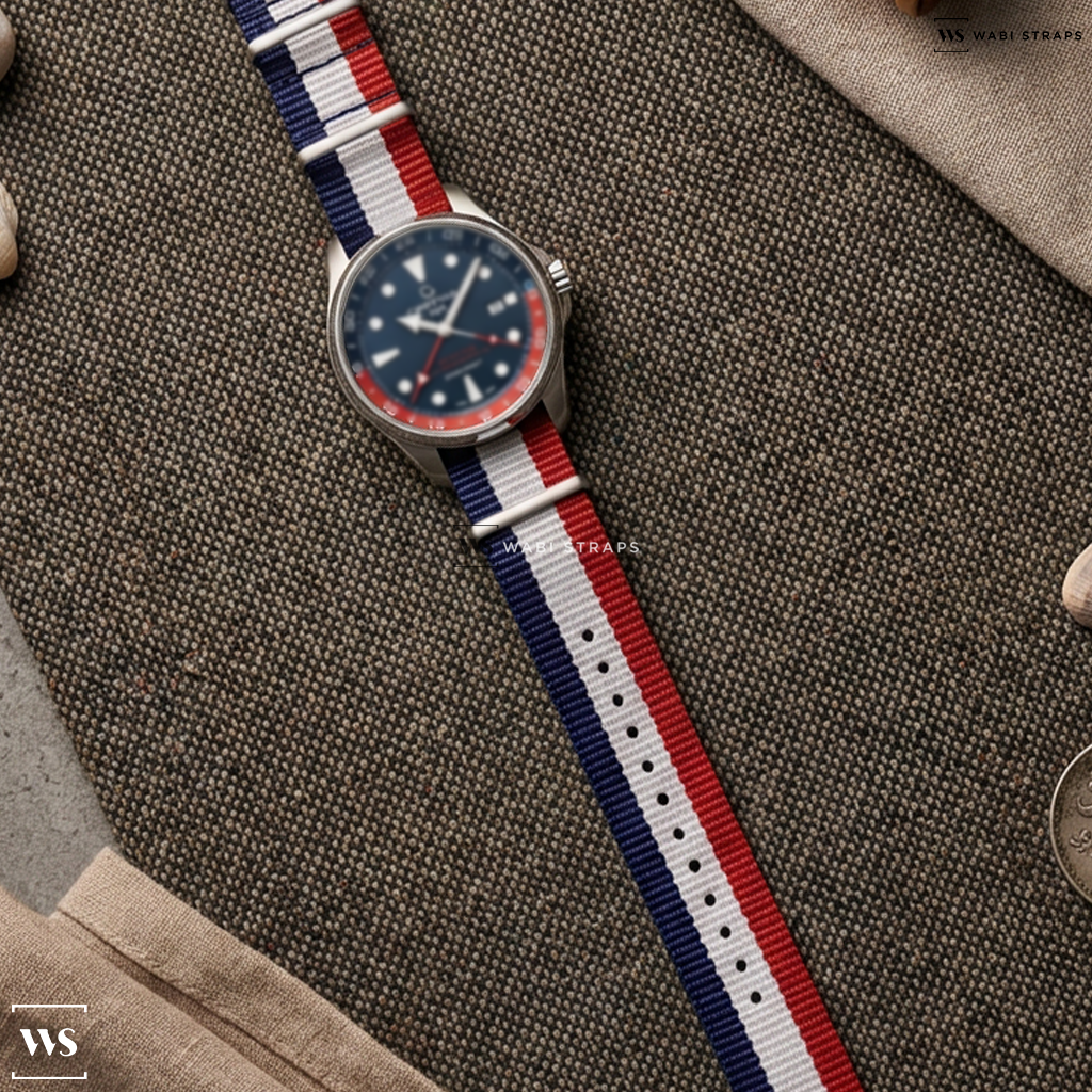 Blue/Red/White 3 Stripes Nylon Watch Strap on Certina DS Action GMT Powermatic 80