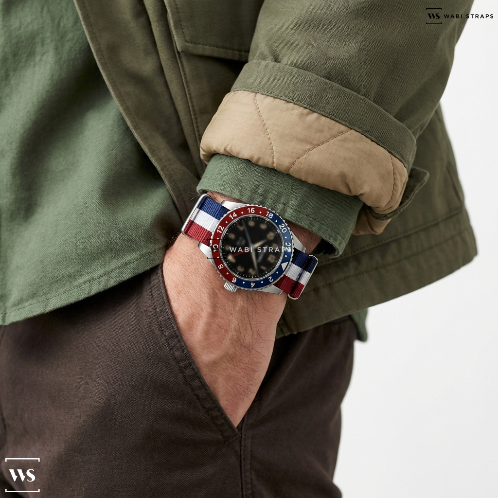 Blue/Red/White 3 Stripes Nylon Watch Strap on William L. 1985 GMT Pepsi