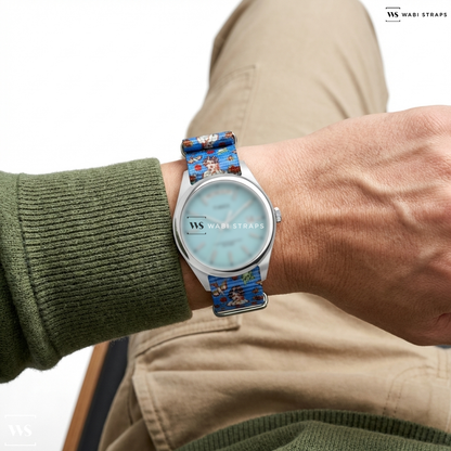 Blue/Red/White Graphic Print Nylon Watch Strap on Timex Legacy Day and Date 36mm