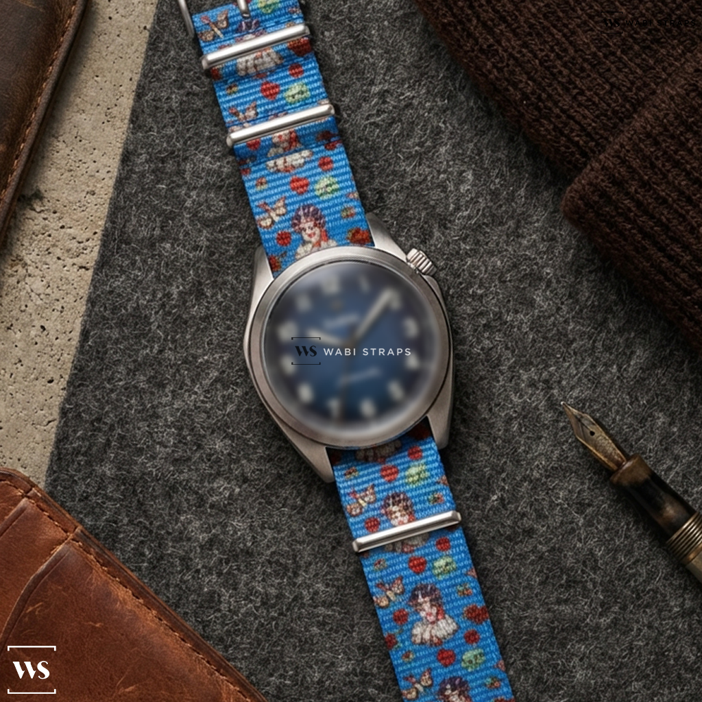 Blue/Red/White Graphic Print Nylon Watch Strap on Zodiac Olympos Military Worn & Wound Edition