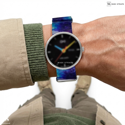 Blue/Purple Tie Dye Nylon Watch Strap on Walter Gropius SIMPLEX