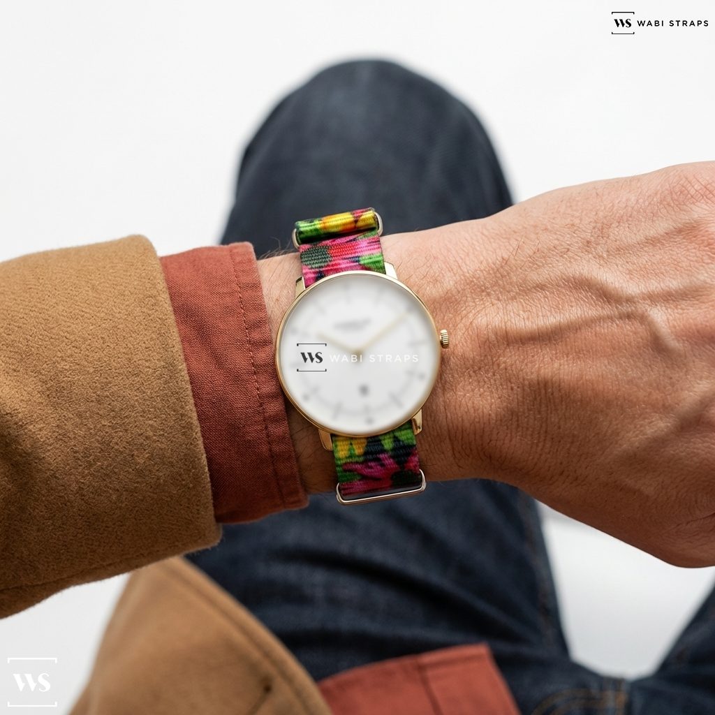 Black/Green/Pink/Yellow Floral Print Nylon Watch Strap on Sternglas NAOS XS