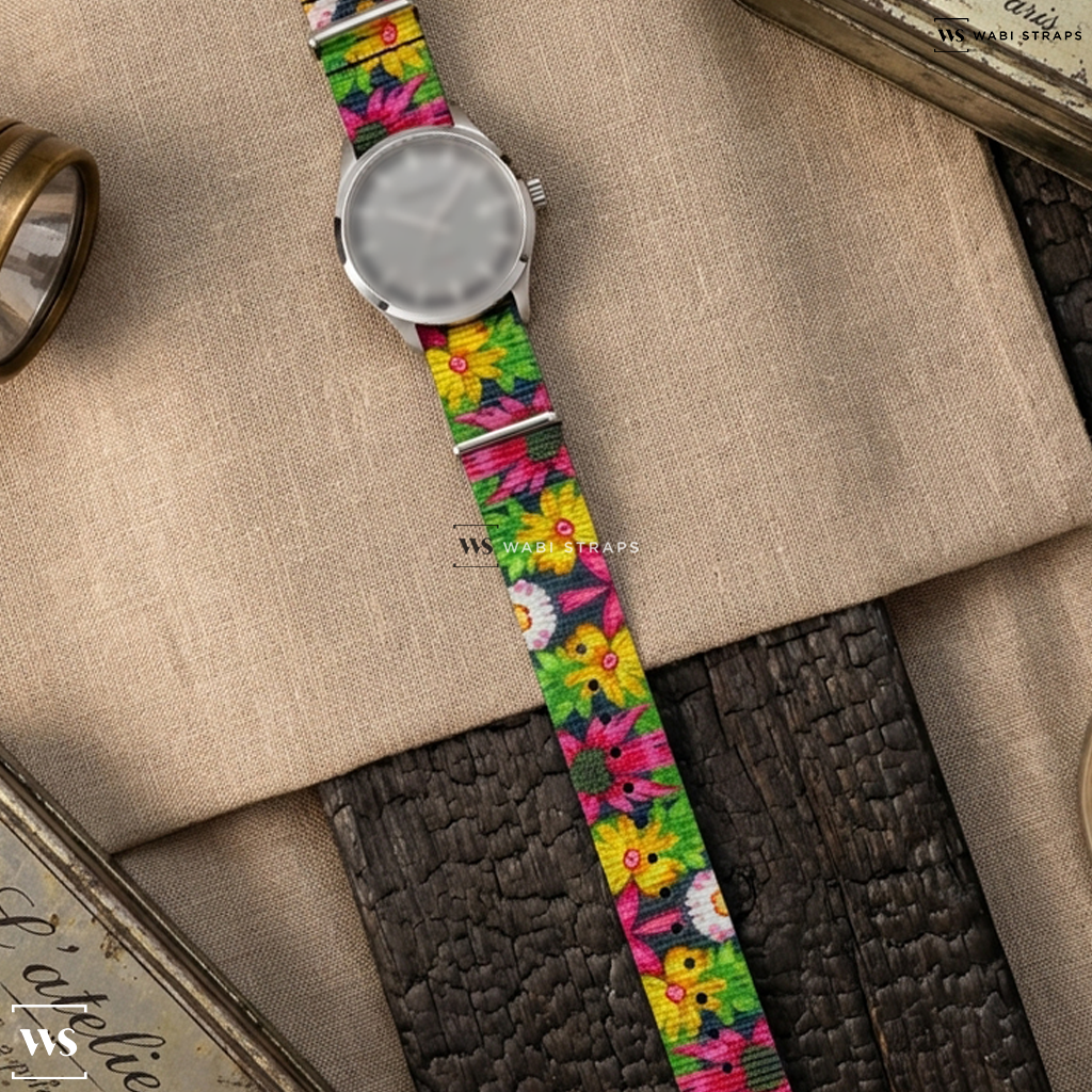 Black/Green/Pink/Yellow Floral Print Nylon Watch Strap on Bruno Sohnle Glashutte Turin