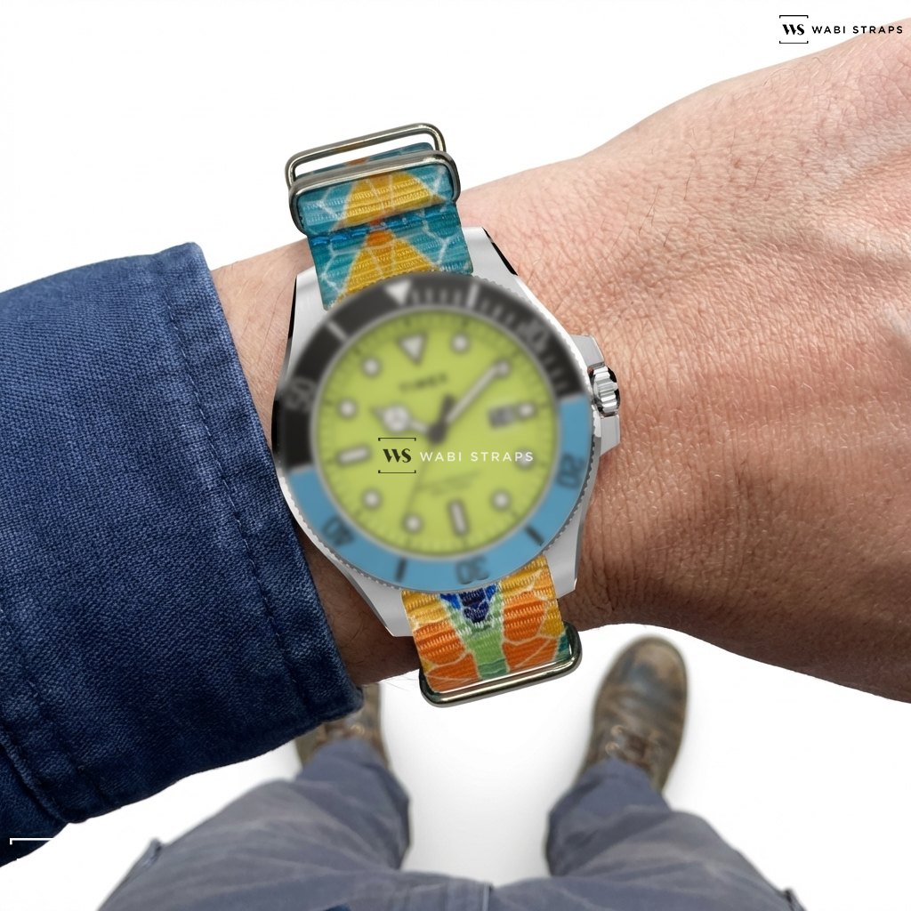 Blue/Orange Graphic Print Nylon Watch Strap on Harborside Coast 43mm