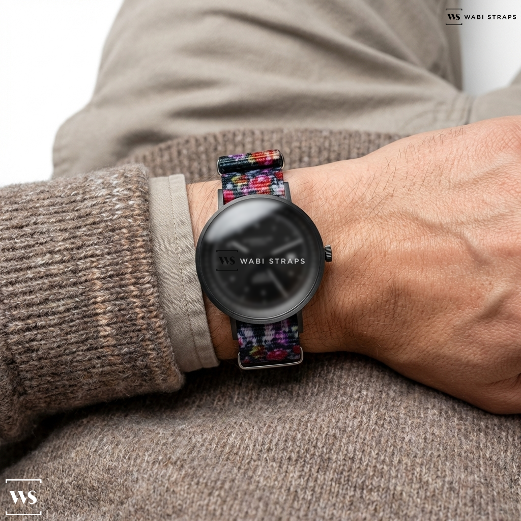 Black/Pink/Purple Floral Print Nylon Watch Strap on Sternglas TOPOGRAPH Black