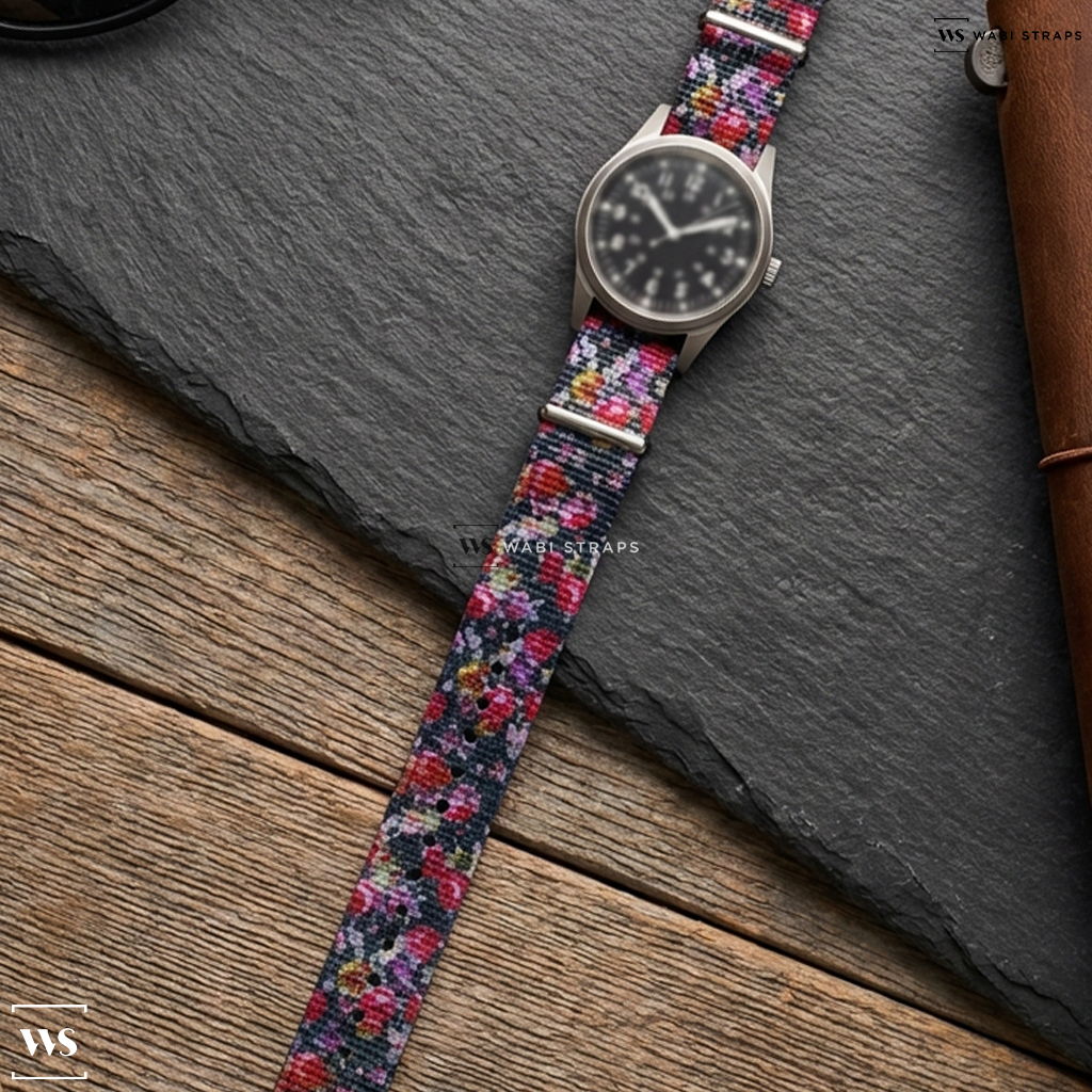 Black/Pink/Purple Floral Print Nylon Watch Strap on Benrus DTU-2A/P