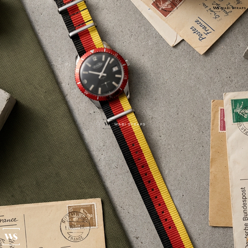 Black/Red/White 3 Stripes Nylon Watch Strap on Wertex Dive Watch Red Bezel