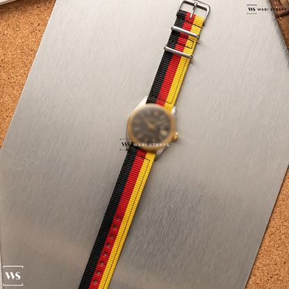 Black/Red/Yellow 3 Stripes Nylon Watch Strap on Rolex Datejust Two Tone 1601 Black Dial