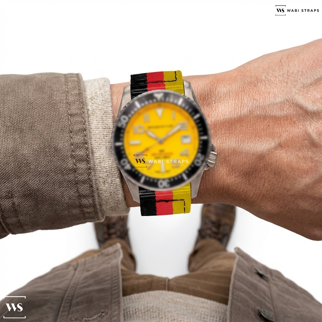 Black/Red/Yellow 3 Stripes Nylon Watch Strap on M20 Momentum DSS Diver