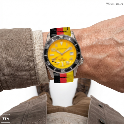 Black/Red/Yellow 3 Stripes Nylon Watch Strap on M20 Momentum DSS Diver