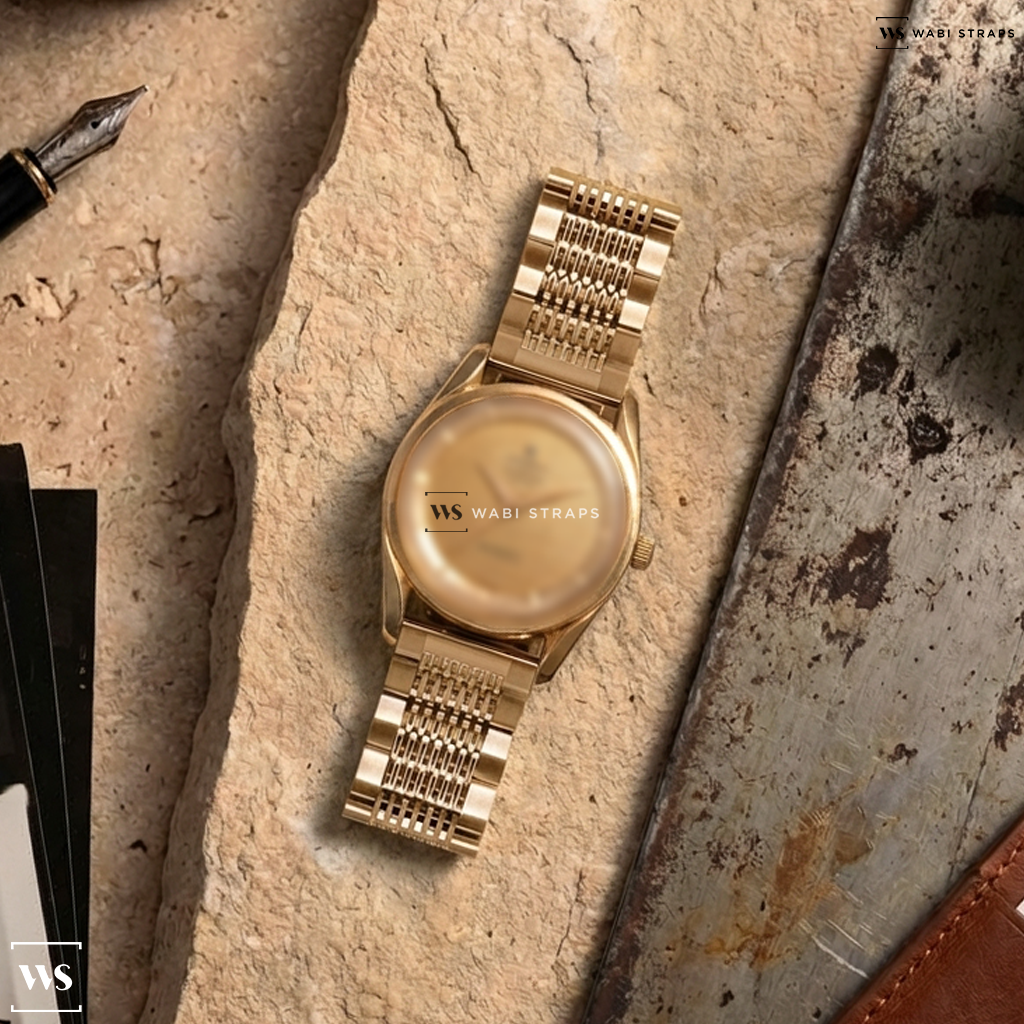 Gold 15-Row Rice Beads Metal Watch Bracelet on Universal Genève Polerouter Deluxe 'Micro-Tapisserie'
