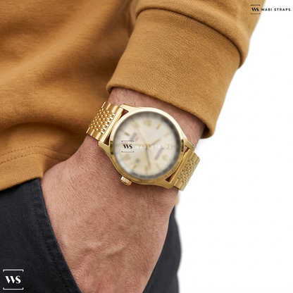Gold 15-Row Rice Beads Metal Watch Bracelet on Bulova 97B210 Men's Classic Automatic Watch