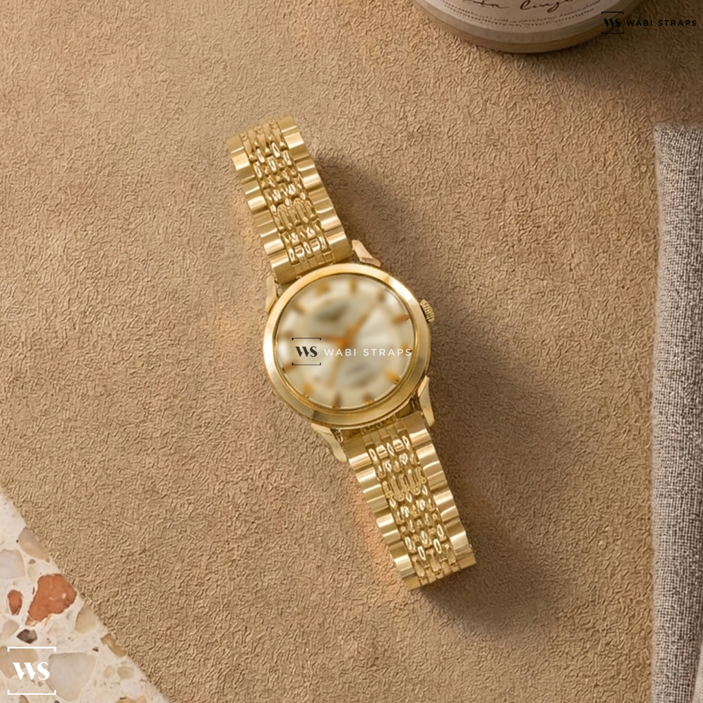 Gold 5-Row Rice Beads Metal Watch Bracelet on Longines 'Fancy Lug' Dress Watch