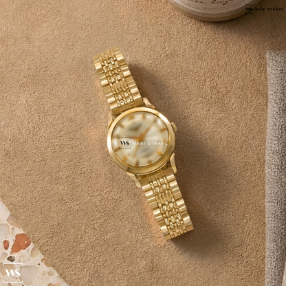 Gold 5-Row Rice Beads Metal Watch Bracelet on Longines 'Fancy Lug' Dress Watch