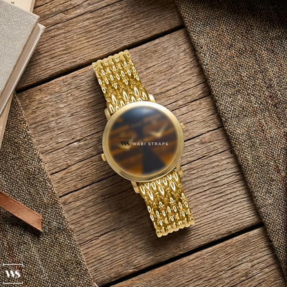 Gold Coffin Bead Metal Watch Bracelet on Piaget Dual Time 'Tiger's Eye' Dress Watch