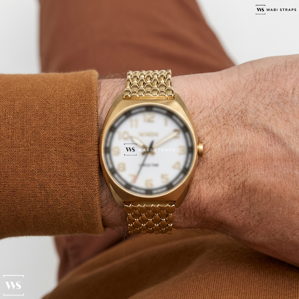 Gold Coffin Bead Metal Watch Bracelet on Nixon Mullet