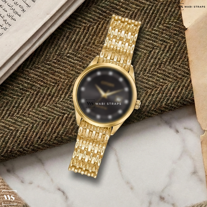 Gold 9-Row Textured Metal Watch Bracelet on Citizen Addysen