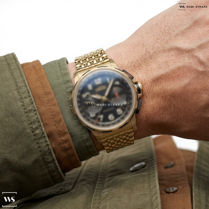 Gold 9-Row Textured Metal Watch Bracelet on Angelus Chronodate Gold Black 42.5mm Mens Watch Black 0CDZE.B01A.K009B