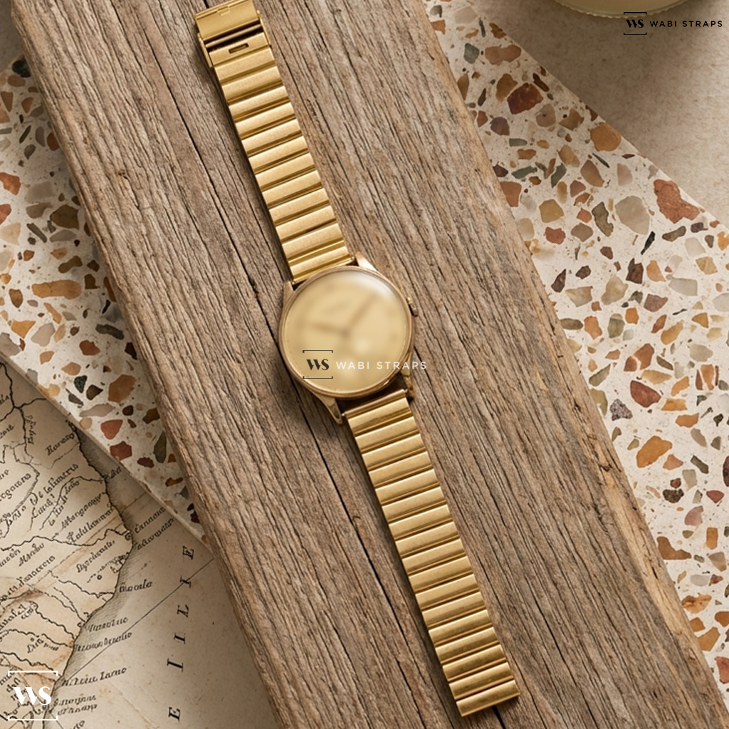 Gold Single Link Metal Watch Bracelet on IWC Dress Watch