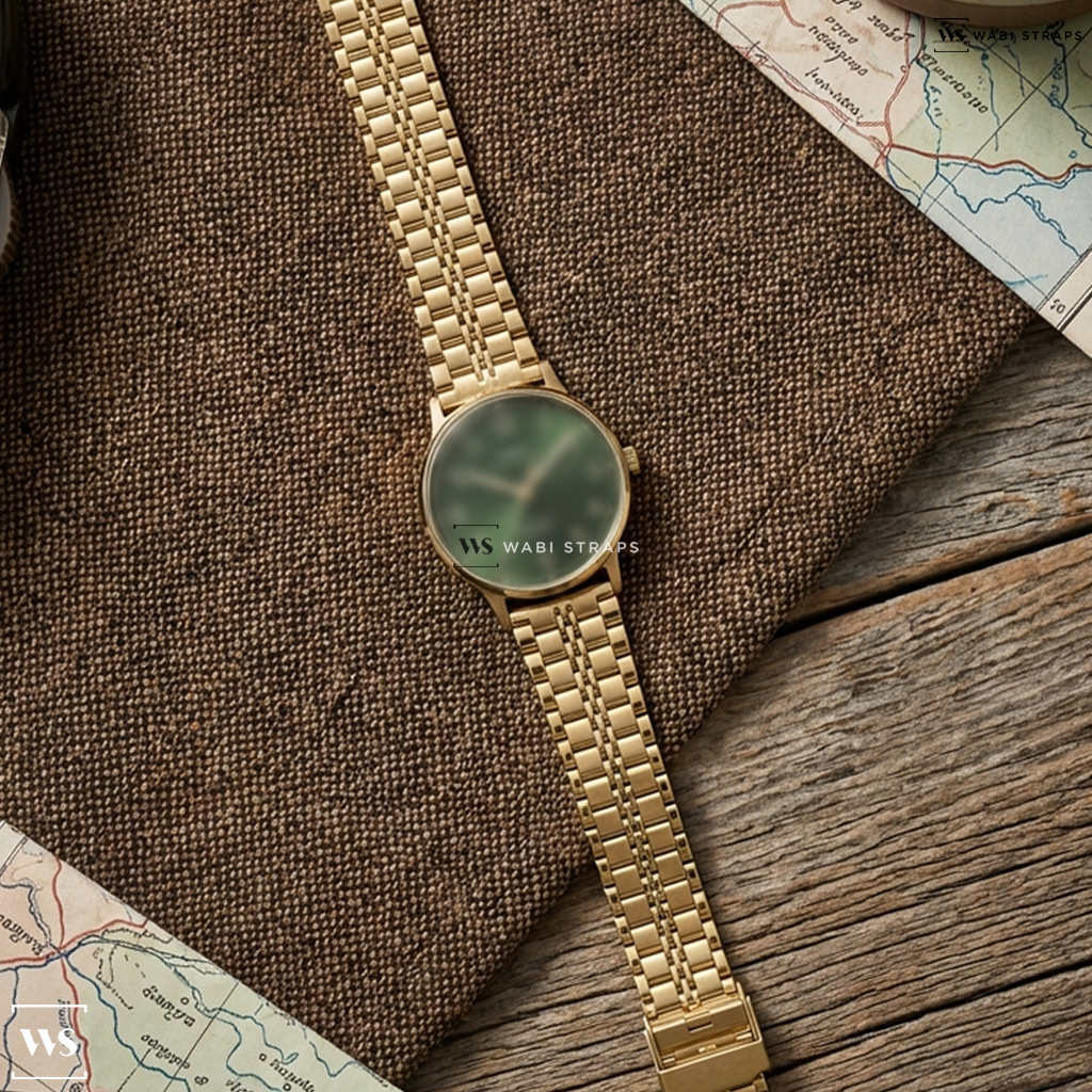 Gold Folded Railroad Metal Watch Bracelet on Timex Waterbury Classic 40mm Leather Strap Watch