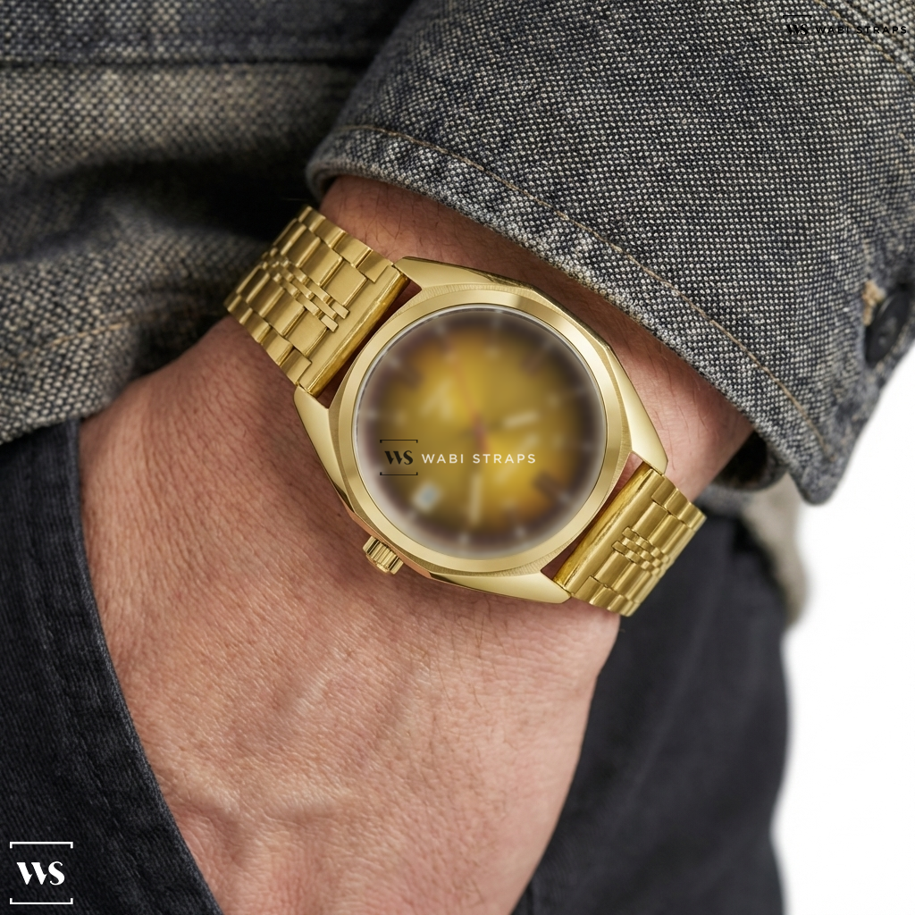 Gold Folded Railroad Metal Watch Bracelet on Bulova Men's Precisionist Watch