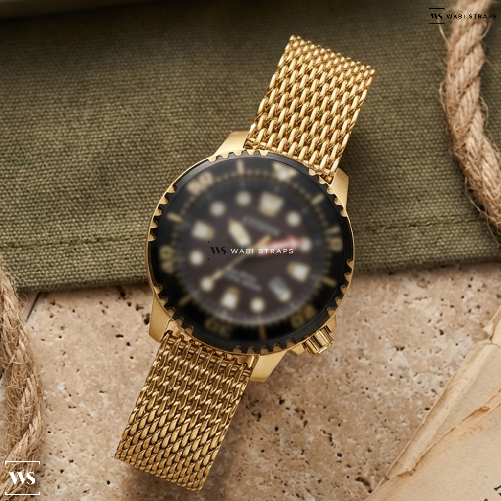 Gold Shark Mesh Metal Watch Bracelet on Citizen Promaster Diver