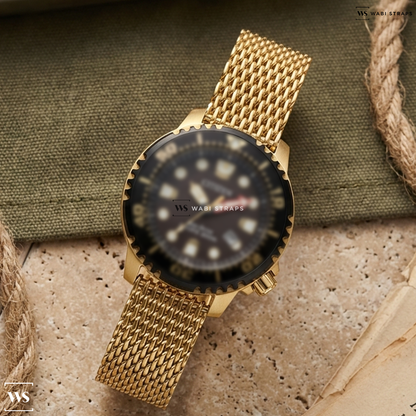 Gold Shark Mesh Metal Watch Bracelet on Citizen Promaster Diver