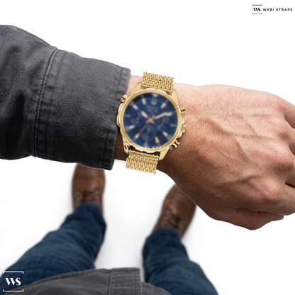 Gold Shark Mesh Metal Watch Bracelet on Bulova Men's Marine Star Chronograph Watch