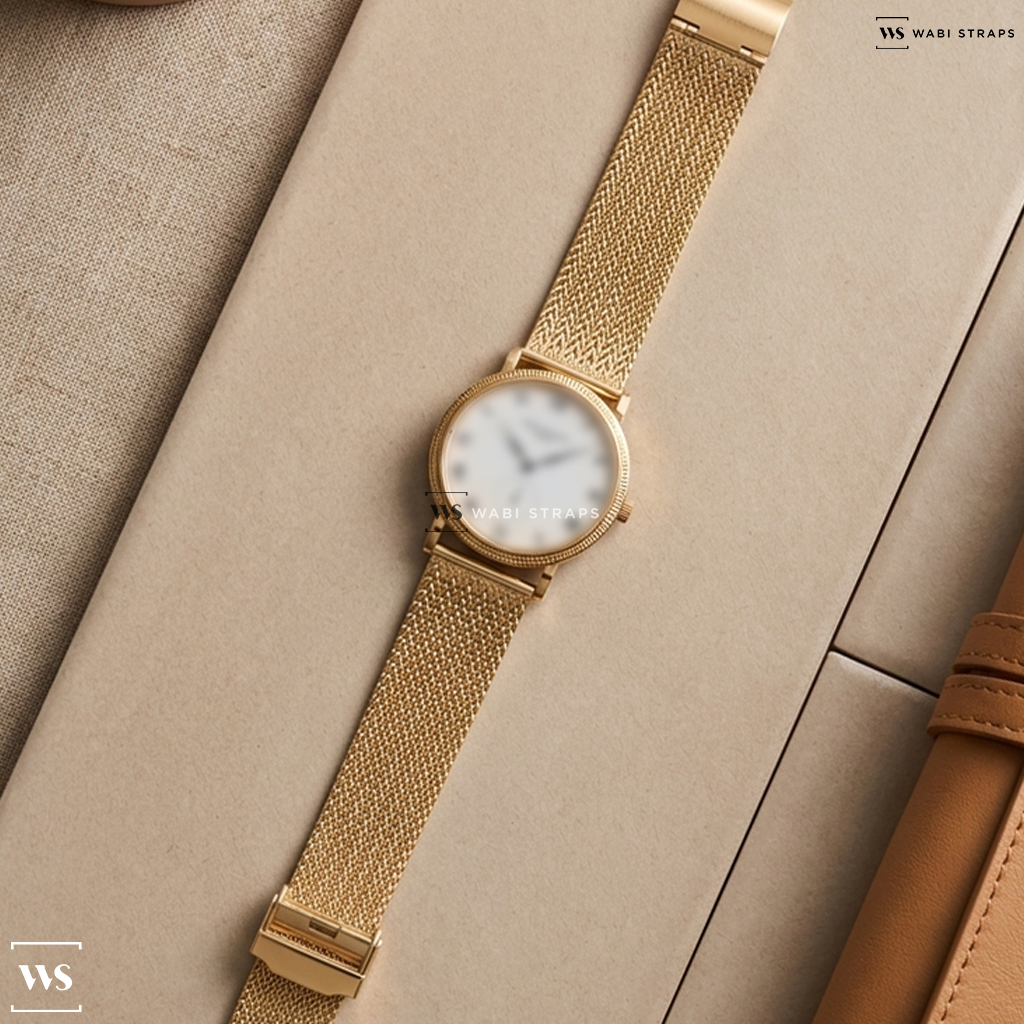 Gold Herringbone Mesh Metal Watch Bracelet on Patek Philippe Calatrava