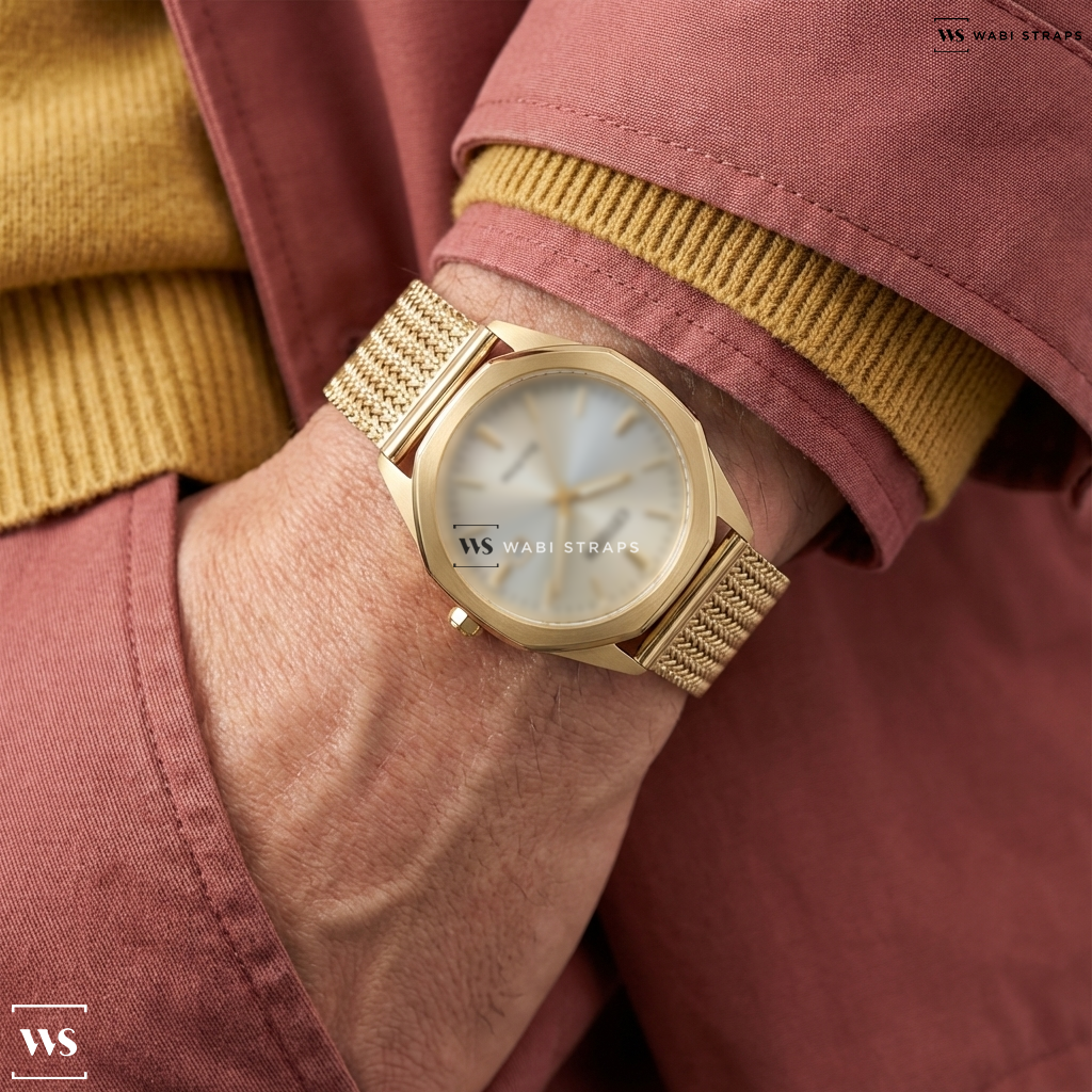 Gold Herringbone Mesh Metal Watch Bracelet on Citizen Corso