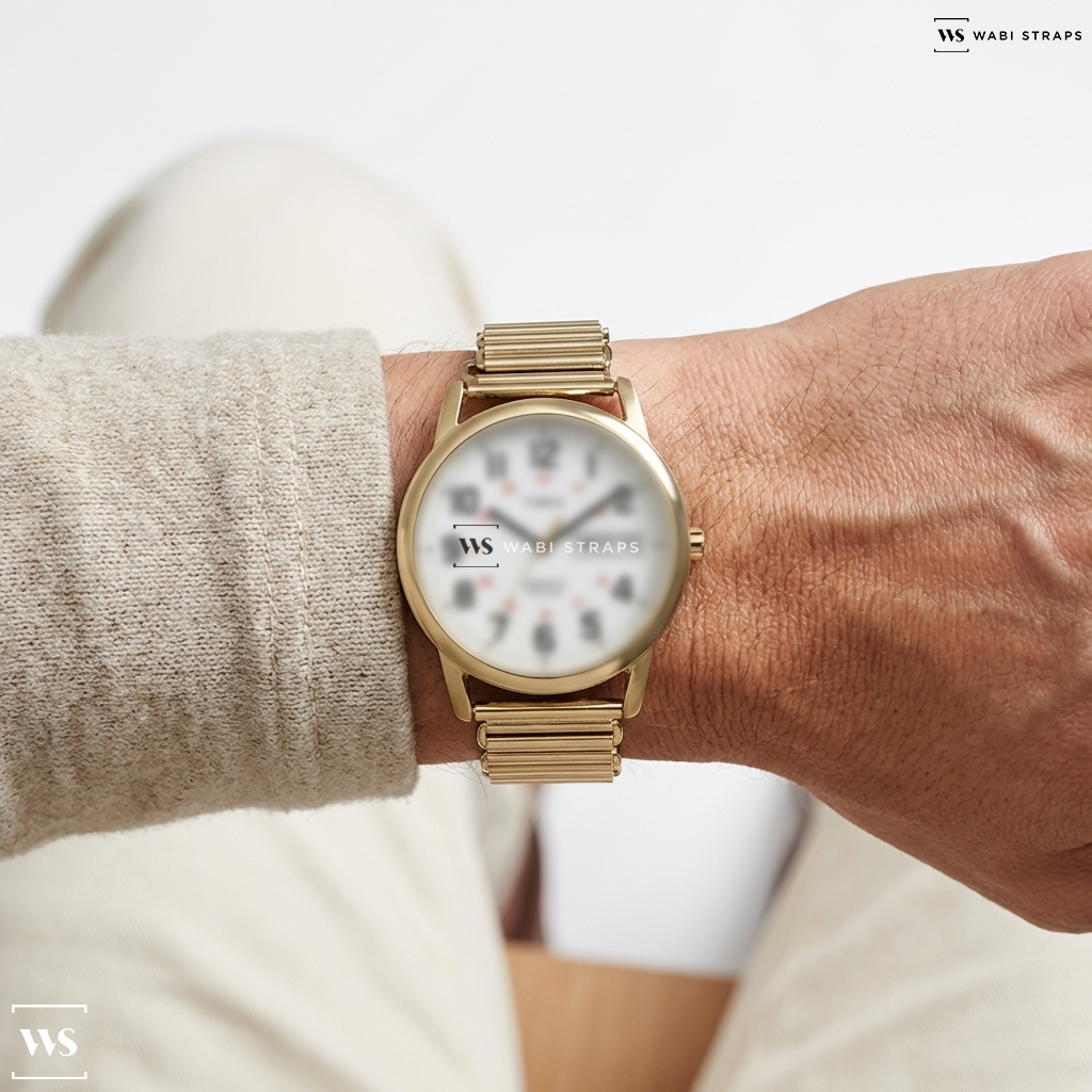 Gold Bonklip Metal Watch Bracelet on Timex Easy Reader Day Date 35mm Expansion Band Watch