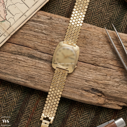 Gold Honeycomb Metal Watch Bracelet on Bulova Accutron Cushion Case Day Date
